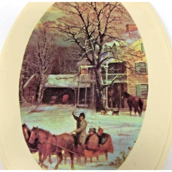 Hand Held Vanity Mirror Vintage Farmhouse Winter Dashing Snow Scene 11.5” Tall - Picture 3 of 8
